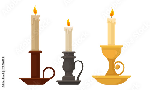 Candle Holder or Candelabrum with Burning Candle Rested in It Vector Set