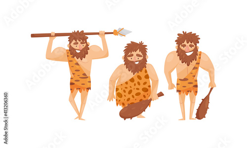 Hairy Bearded Stone Age Man Character Wearing Animal Skin Holding Stick and Spear Vector Illustration Set © Happypictures
