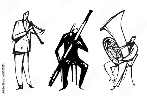 Pen image of 3 musicians playing clarinet, bassoon and tuba