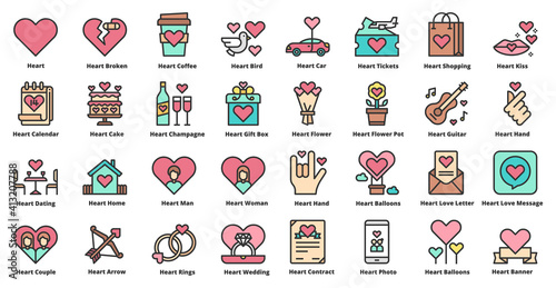 Heart Love Icons Line Color Set Vector Illustration