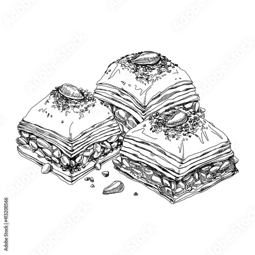 Three pieces of baklava, oriental sweet dessert, retro hand drawn vector illustration.