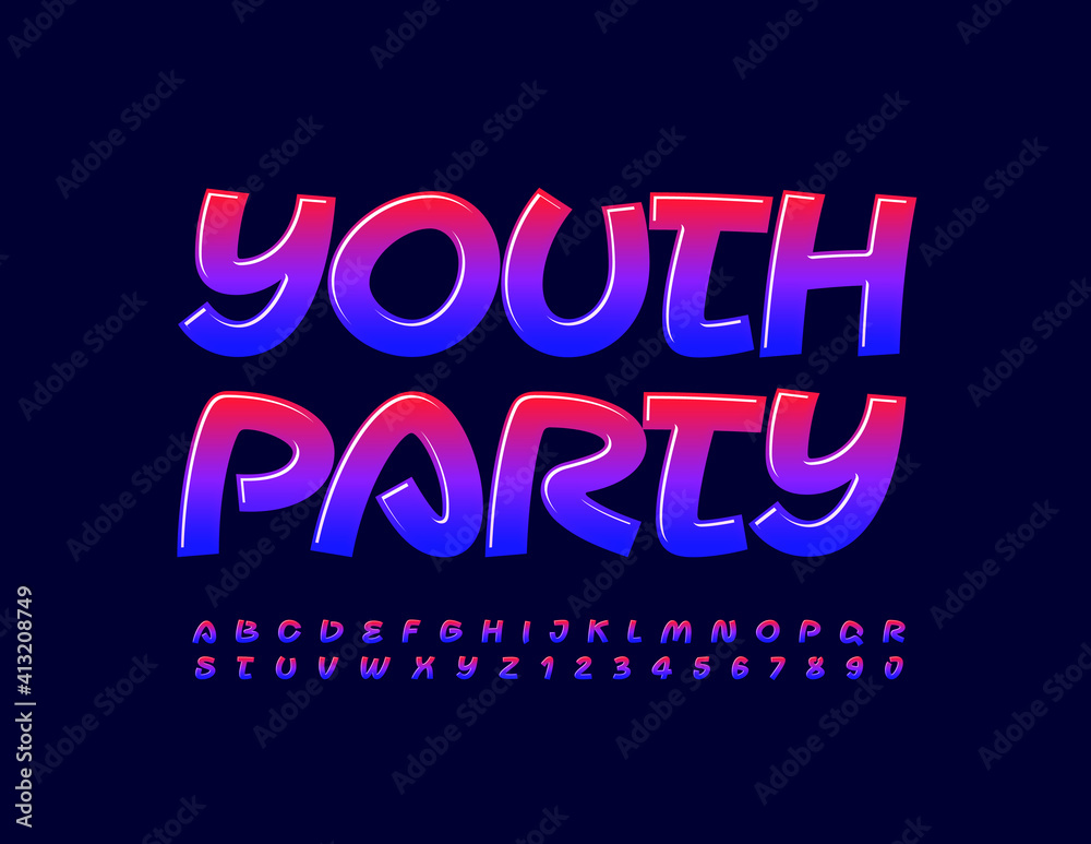 Vector event flyer Youth Party. Creative bright Font. Gradient color Alphabet Letters and Numbers set