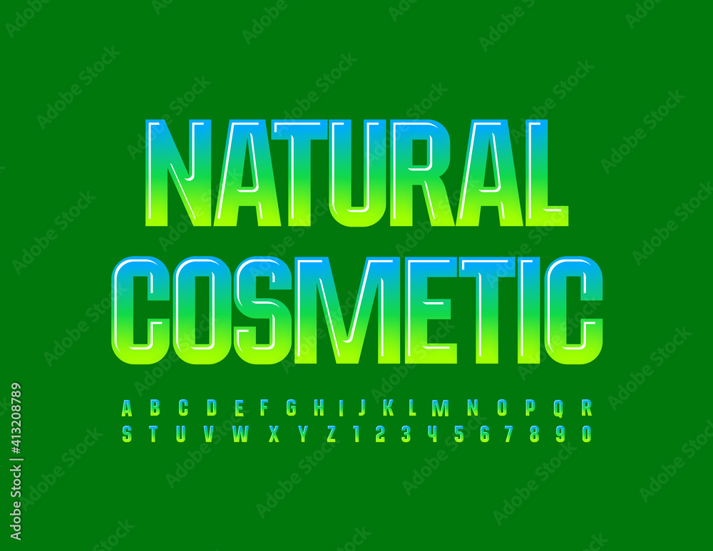 Vector bright Sign Natural Cosmetic. Glossy Green Font. Artistic Alphabet Letters and Numbers.. Vector bright Sign Natural Cosmetic. Glossy Green Font. Artistic Alphabet Letters and Numbers..