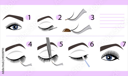 Eyelash extension infographics. Step by step guide. Types of Lash Curls, vector illustration
