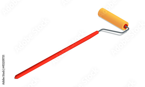 Isometric vector illustration orange paint roller isolated on white background. Realistic long handle paint roller brush icon in flat cartoon style. Tool for painting and renovation. Construction tool