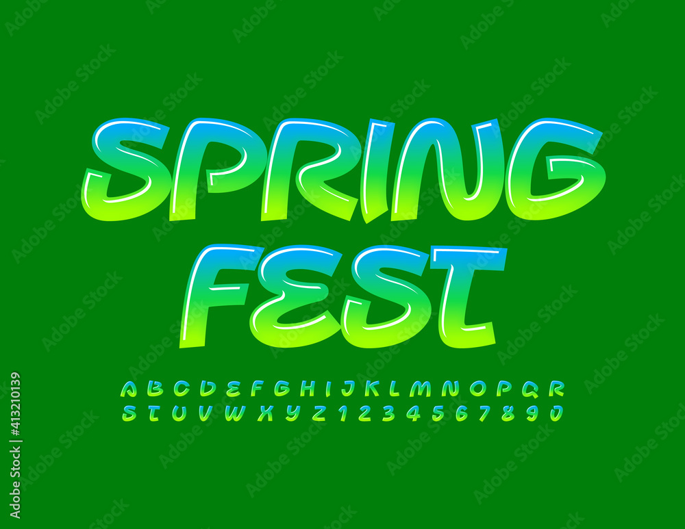 Vector bright Emblem Spring Fest. Handwritten Glossy Font. Playful Alphabet Letters and Numbers Vector bright Emblem Spring Fest. Handwritten Glossy Font. Playful Alphabet Letters and Numbers