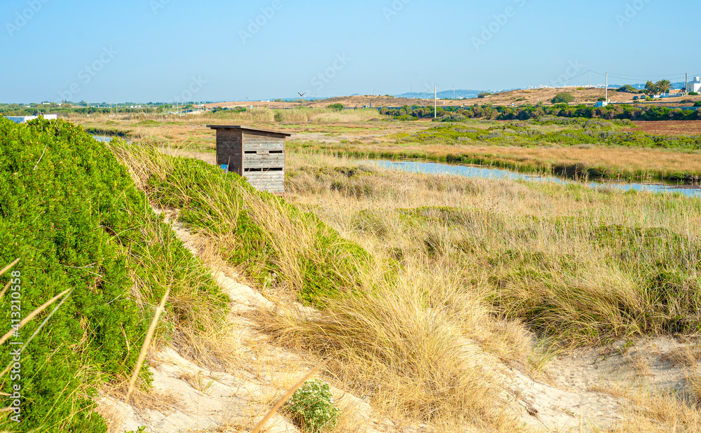 Wooden birdwatching cabin at nature reserve 
