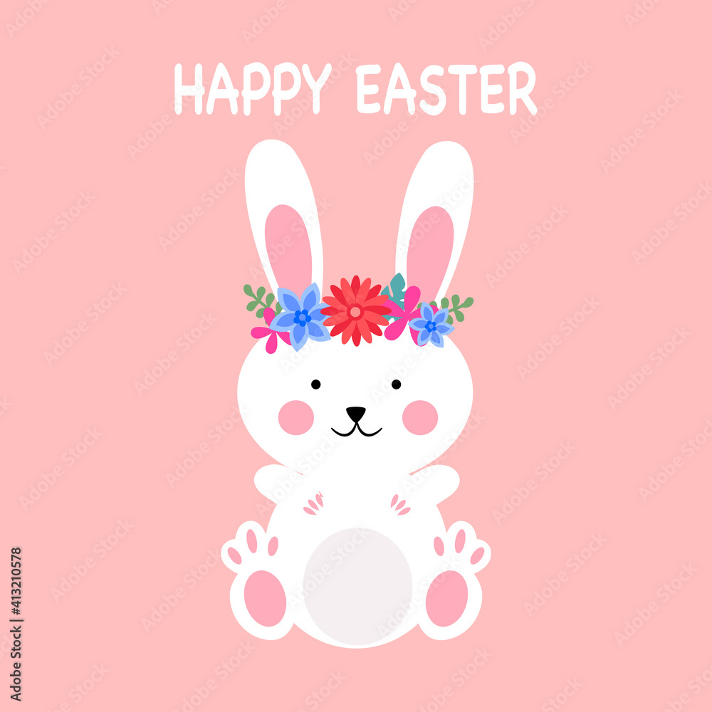 Rabbit with decorative flowers in flat design on pink background. Happy Easter concept. Rabbit with decorative flowers in flat design on pink background. Happy Easter concept.