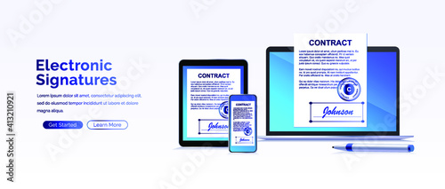 Electronic contract or digital signature concept in vector illustration. Signing an electronic contract online by phone. Website template or web page layout.