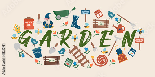 Garden set in trendy color. Orhard collection with garden tool and equipment, work clothes, decor elements, flowers and plants, birds and bees. Flat vector illustration.