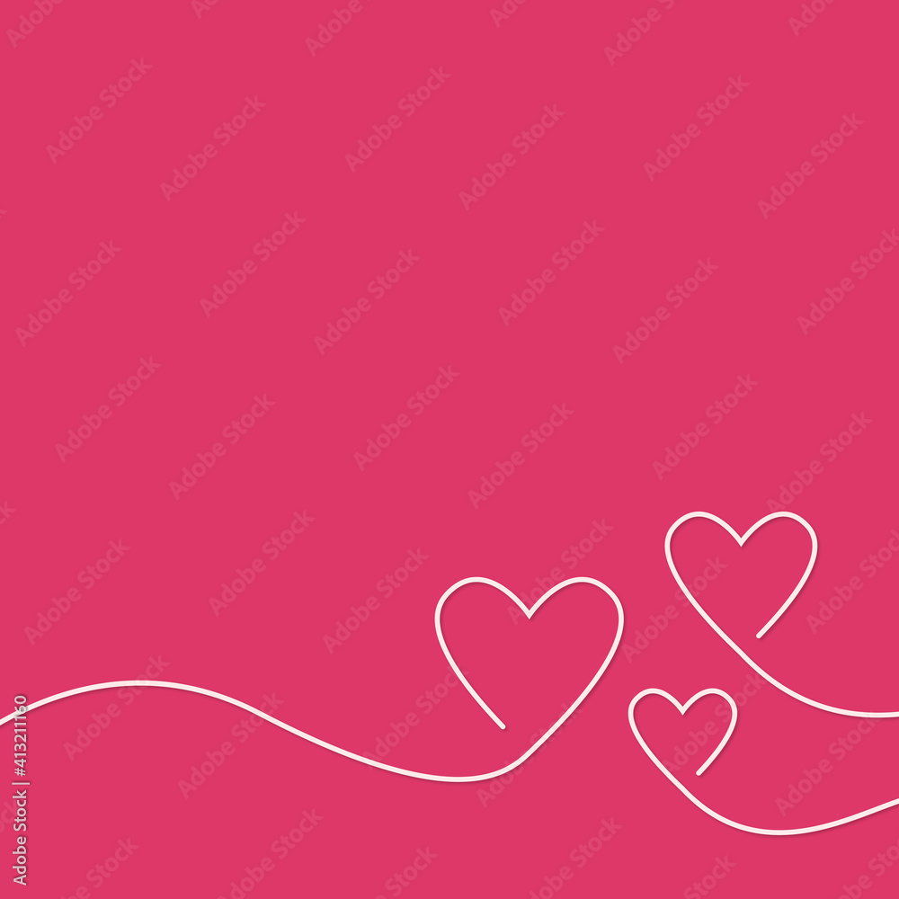 Continuous line three hearts, pink vector minimalist illustration of love concept background, valentine's day