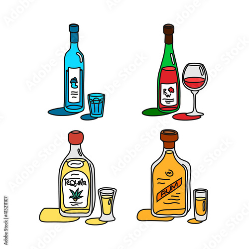 Set bottle and glass in row. Freehand doodle style on white background. Colored cartoon sketch. Hand drawn image. Vodka red wine tequila rum