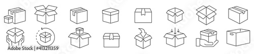 Box icon set in line style, delivery box, Package, export boxes, cargo box, return parcel, gift box, open package, Shipment of goods, vector illustration