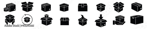 Box icon set in flat style, delivery box, Package, export boxes, cargo box, return parcel, gift box, open package, Shipment of goods, vector illustration