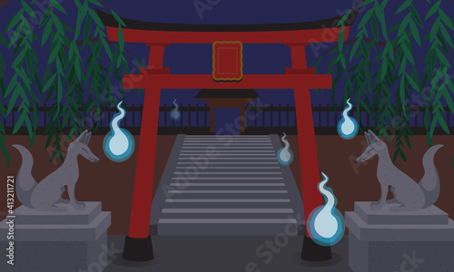 深夜に肝試しに神社へ行くベクターイラスト人魂がお出迎え
