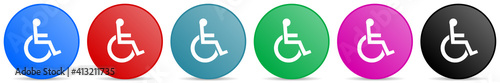 Wheelchair vector icons, set of circle gradient buttons in 6 colors options for webdesign and mobile applications