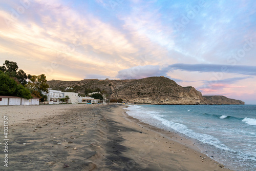 beach and village of Agua Amarga in Andalusia at sunset