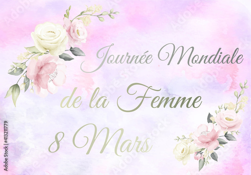 carte ou bandeau sur la journée mondiale de la femme le 8 mars en couleur gris sur un fond rose en dégradé et des guirlandes de fleurs blanche rose et verte
