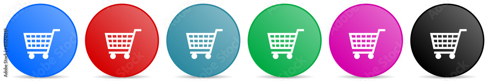 Shopping cart, shop, trolley vector icons, set of circle gradient buttons in 6 colors options for webdesign and mobile applications Shopping cart, shop, trolley vector icons, set of circle gradient buttons in 6 colors options for webdesign and mobile applications