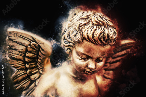 Guardian angel on black background Concept of religion and sadness