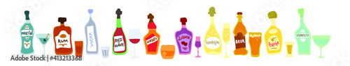 Collection bottle and glass in row. Freehand doodle style on white background. Colored cartoon sketch. Hand drawn image. Beer champagne red wine liquor vodka martini vermouth whiskey rum tequila.