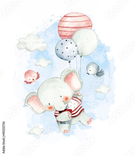 Baby elephant flying with balloon