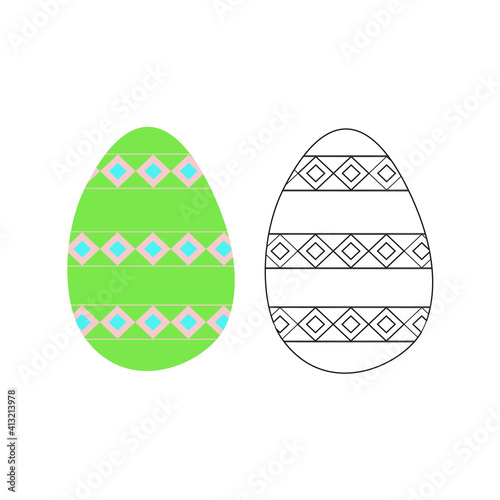A vector illustration of two ornamented eggs isolated on white background. One egg is colored, another is black and white. Designed as a coloring book page for adults and kids.