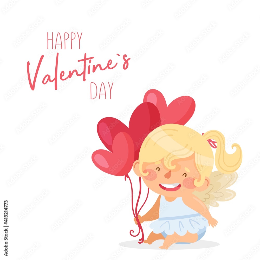 Cute baby girl angel. Valentines Day card. Vector illustration
