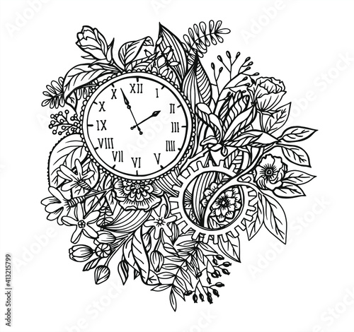 Time passes and nature lives on. Hand drawn retro clock in branches of flowers and leaves. Unusual bouquet. Linear drawing for coloring or tattooing. Botanical illustration with technical elements 