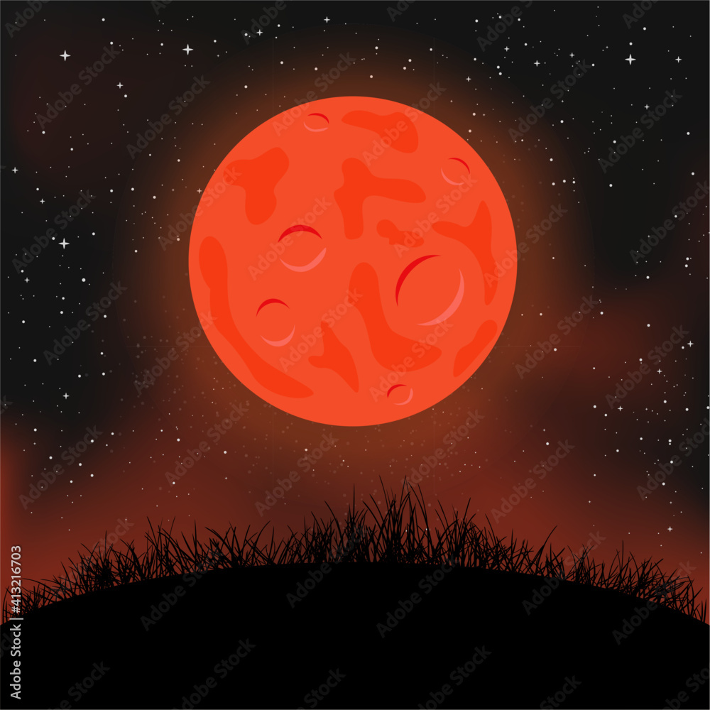 cartoon red moon ground and night sky