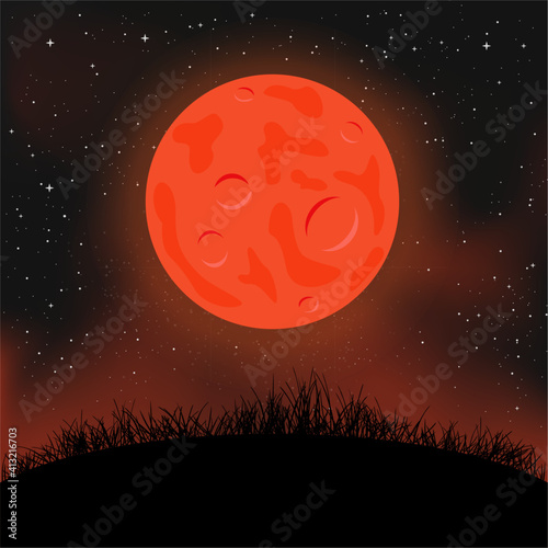cartoon red moon ground and night sky
