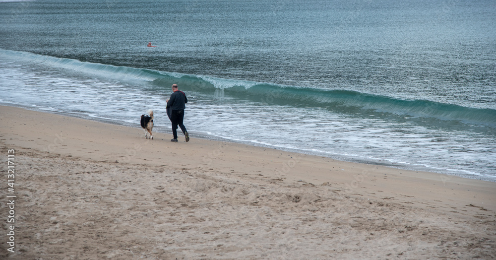 Un hombre paseando con su perro por la orilla del mar