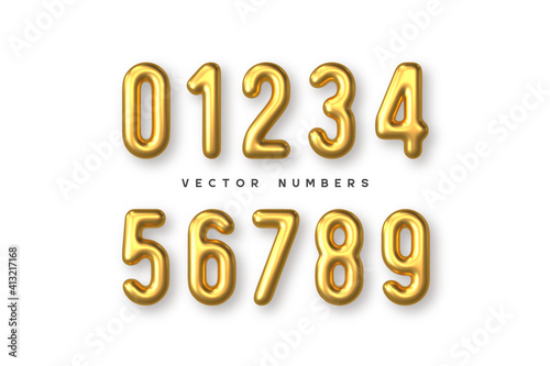 Golden numbers vector set. 3d realistic metal characters. Decorative elements for banner, cover, birthday or anniversary party.