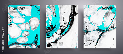 Abstract vector poster, texture set of fluid art covers. Beautiful background that can be used for design cover, invitation, presentation and etc. Black, white and blue creative iridescent artwork