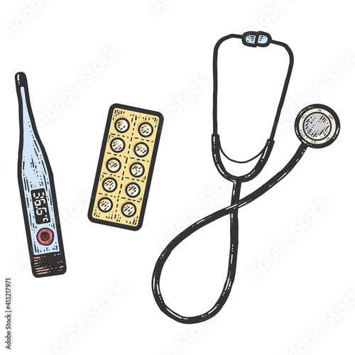 Recruitment doctor at appointment. Thermometer, pills and stethoscope.