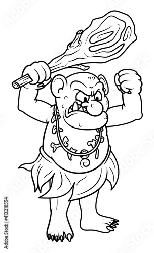 Line art illustration of angry fantasy ogre with a stick club in cartoon style. Image for kids and children coloring book or page. Unpainted outline drawing on white background. Mascot character.