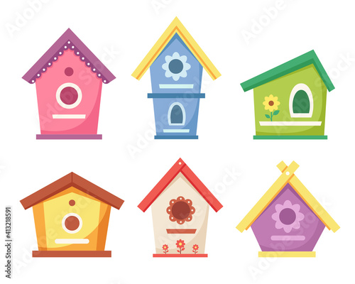 Birdhouses collection. Garden bird houses for feeding birds. Vector illustration