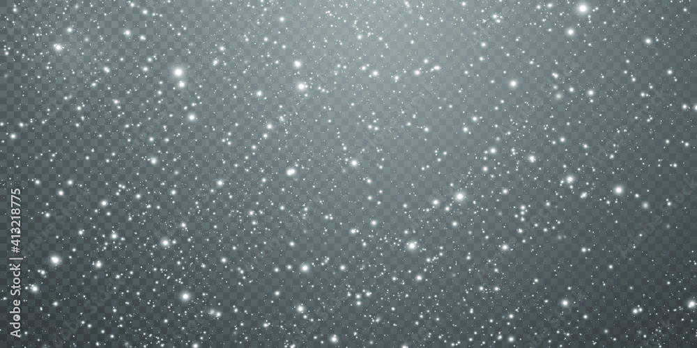 Abstract winter background from snowflakes blown by the wind on a white transparent background. Christmas background. Powder dust light white PNG. Fantastic shimmer effect.	