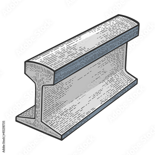 Metal rail part of railway road color sketch engraving vector illustration. Scratch board style imitation. Black and white hand drawn image.