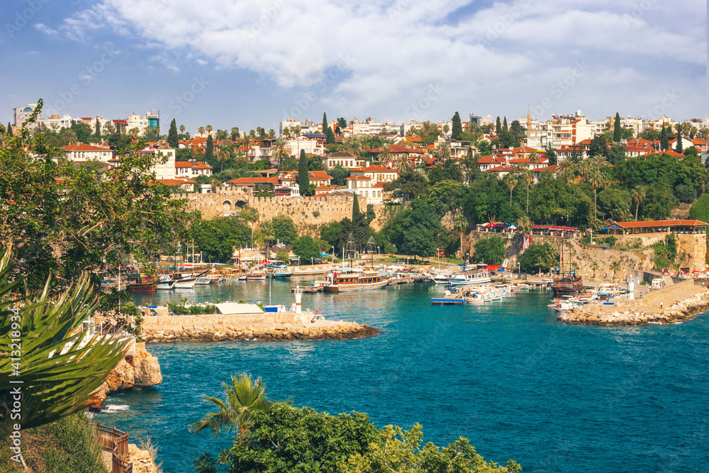 Panoramic view of Antalya Old Town port and Mediterranean Sea, Turkey