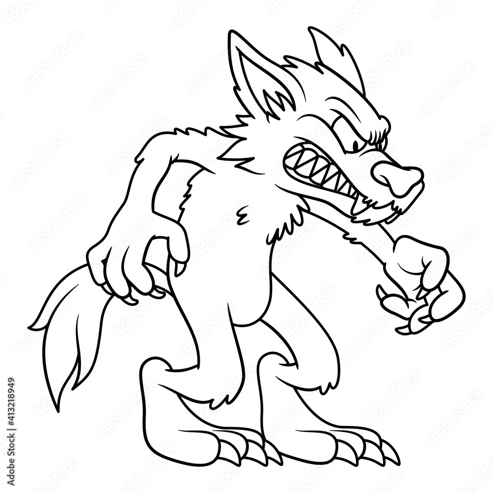 Line art illustration of angry wolve or werewolf in cartoon style. Image for kids and children coloring book or page. Unpainted outline drawing on white background. Mascot character.