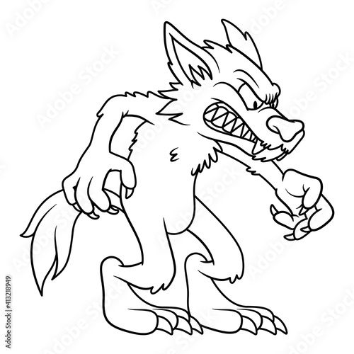 Line art illustration of angry wolve or werewolf in cartoon style. Image for kids and children coloring book or page. Unpainted outline drawing on white background. Mascot character.