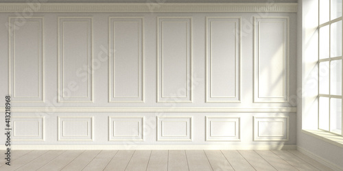 Modern classic white empty interior with wall panels and wooden floor. 3d render illustration mock up.