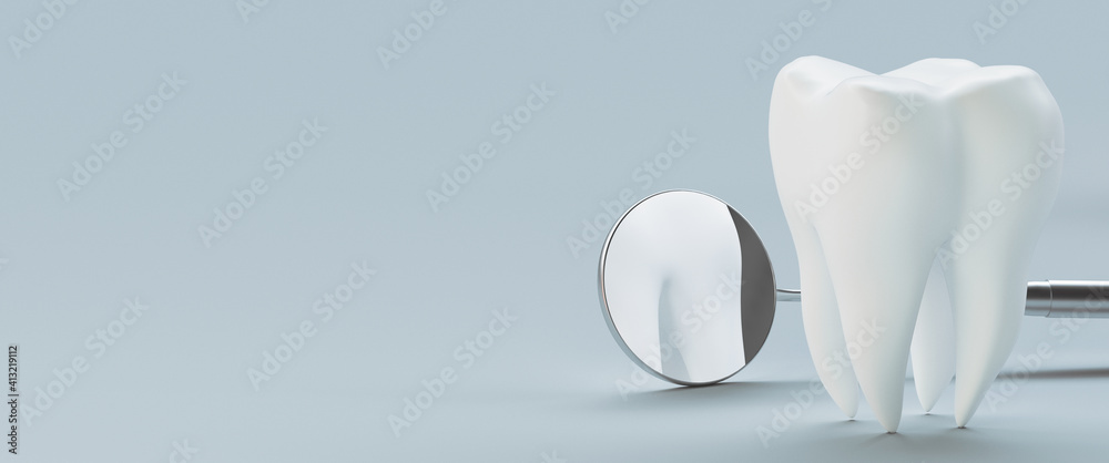 Close-up Of Mirror And Model Tooth Against White Background - obrazy, fototapety, plakaty 