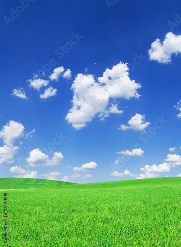 Idyllic view, green hills and blue sky with white clouds