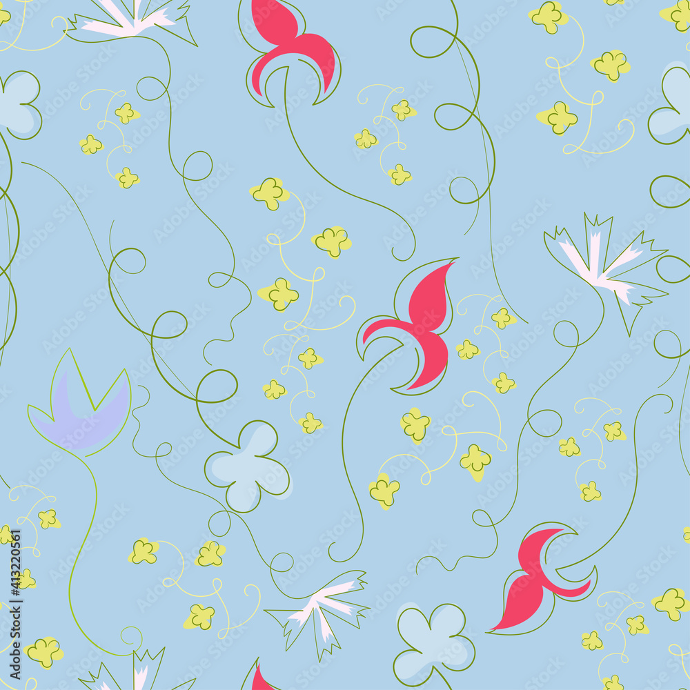 Vector seamless pattern of abstract colors, flowers drawn by hand curls, lines and dots for printing, fabrics