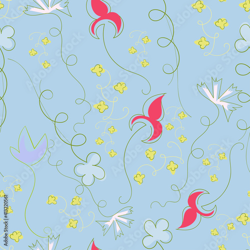 Vector seamless pattern of abstract colors  flowers drawn by hand curls  lines and dots for printing  fabrics