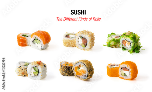 Different kinds of sushi rolls isolated on white background photo