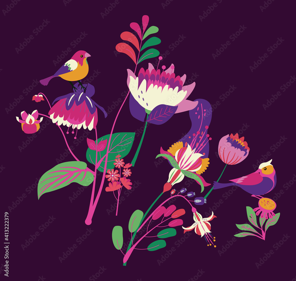 Decorative flowers and birds.