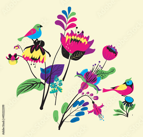 Decorative flowers and birds.